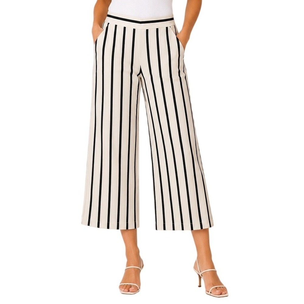 Veronica Beard Striped Cream & Black Metallic Wide Leg Pants Women's 2